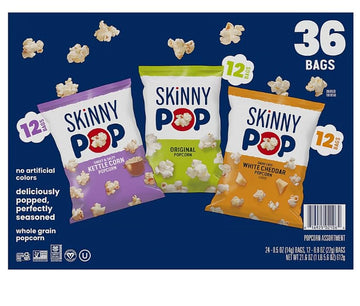 Skinny Real Pop Popcorn Variety Pack - Snack Bags Assortment Care Package - Gift Box (36 Count) Bulk Bag