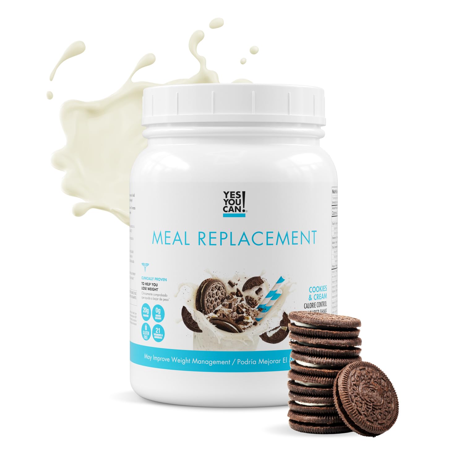 Yes You Can! Complete Meal Replacement Shake - 15 Servings, 20g Protein, 0g Added Sugars, Cookies & Cream