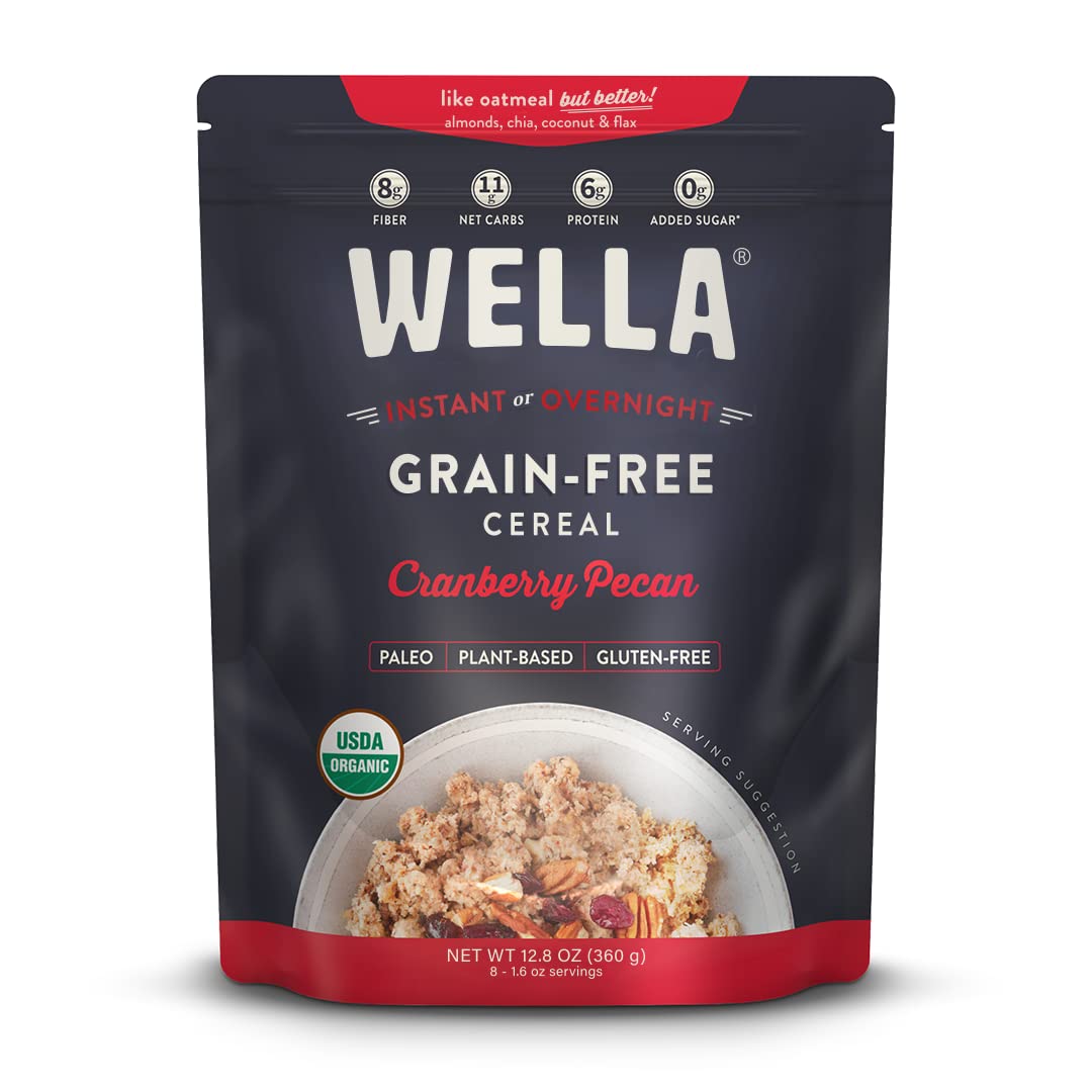Wella Cereal Oatmeal Alternative, Gluten-Free Breakfast Hot Cereal, Grain-Free Paleo Organic Vegan High Protein Superfood, Plant-Based Non-Gmo, Low In Net Carbs, Multi-Serve Bag, Cranberry Pecan Flavor (1 Count, 12.8 Oz. Bag)