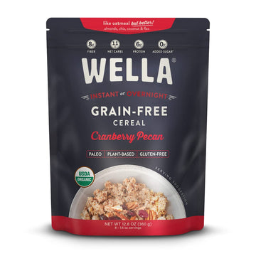 Wella Cereal Oatmeal Alternative, Gluten-Free Breakfast Hot Cereal, Grain-Free Paleo Organic Vegan High Protein Superfood, Plant-Based Non-Gmo, Low In Net Carbs, Multi-Serve Bag, Cranberry Pecan Flavor (1 Count, 12.8 Oz. Bag)