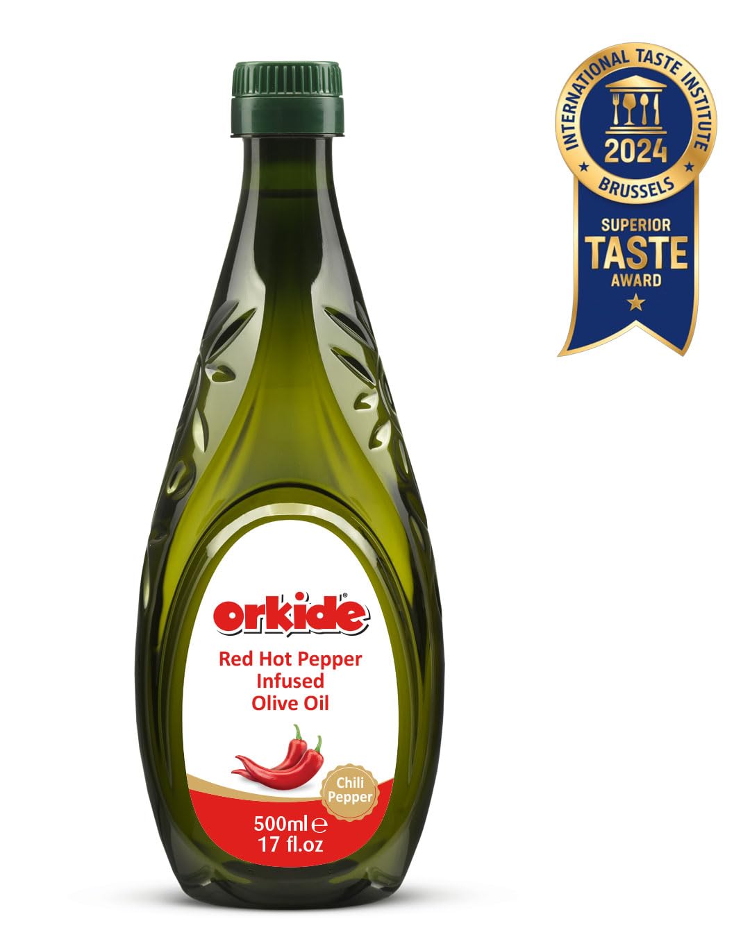 Orkide Hot Chili Infused Olive Oil Robust Mediterranean Blend, Ffa 0.3, Polyphenol+400 (Chilli 17 Fl Oz)