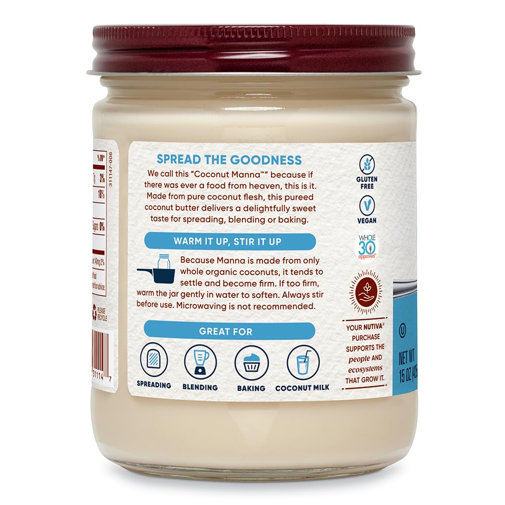 Nutiva Organic Coconut Manna Pur  ed Coconut Butter, 15 Oz, USDA Organic, Non-GMO, Vegan, Gluten-Free & Keto, Creamy Spread for