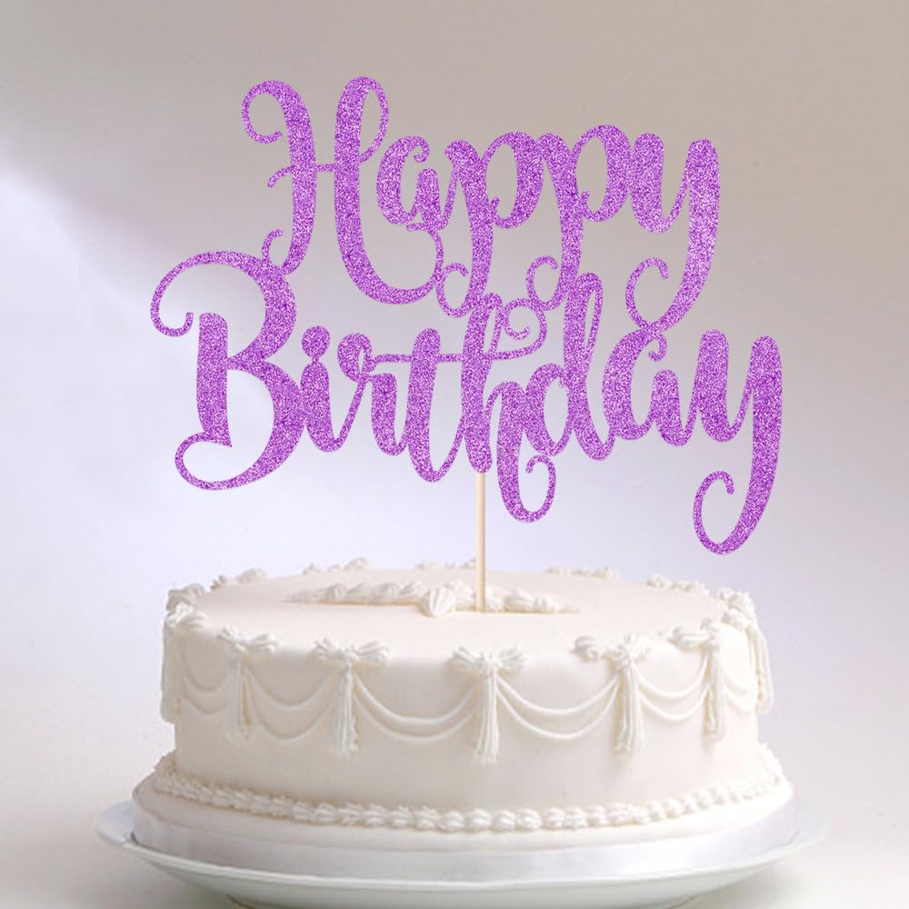 Fmiyuneea Happy Birthday Cake Topper- Glitter Happy Birthday Cake Decor, Handmade Anniversary/Birthday Party Supplies (Purple)