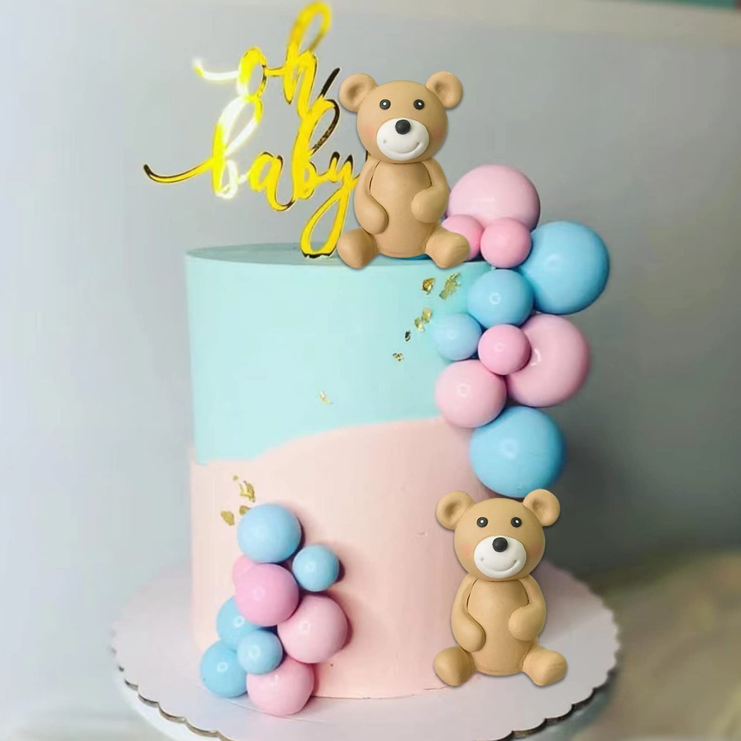 Brown Bear Balls Gender Reveal Cake Toppers For Birthday Baby Shower Party Decorations (Pink Blue)