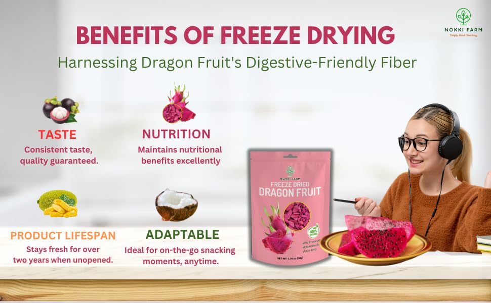 (Pack Of 1) Nokki Farm Freeze-Dried Dragon Fruit 50G | 100% Natural | No Sugar Added | Vegan | Non Gmo | All Natural | Superfood