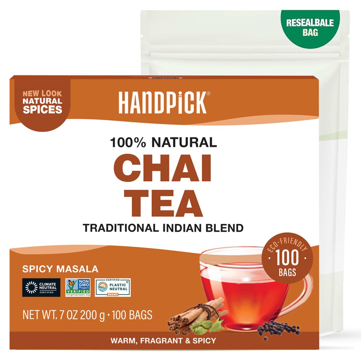 HANDPICK Masala Chai Tea Bags, Strong & Aromatic, Blended with Spices, 100 Count, Eco-conscious Round Bags