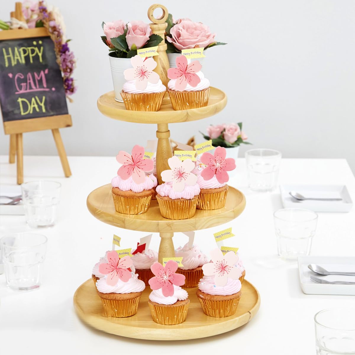 60 Pcs Edible Flowers Cake Topper Cupcake Toppers Decorations Wafer Paper Pink Cherry Blossom Flowers Wedding Themed Party Birth