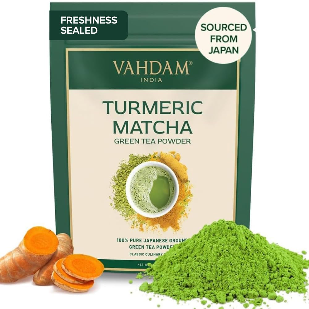 Vahdam,Turmeric Matcha Green Tea Powder (25 Cups/1.76Oz) With Curcumin - Pure Japanese Matcha Powder With Indian Turmeric Powder | Delicious Matcha Latte