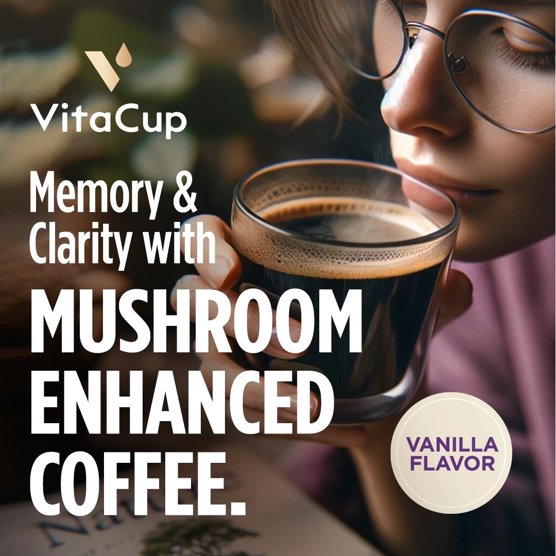 VitaCup Focus Mushroom Coffee Pods  Vanilla Flavored Coffee with Chaga  Lions Mane  Vitamins  Medium Dark Roast Arabica Beans  Recyclable Single Serve Pods Compatible with Keurig K-Cup malt-inspired  16 Ct