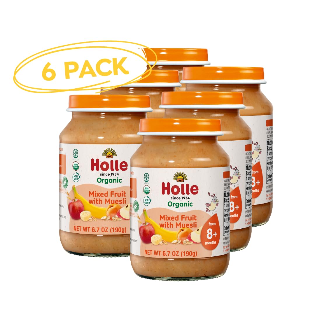 Holle Organic Baby Food Jars - Mixed Fruit Muesli Baby Puree With Organic Apple, Apricot, Banana & Grains - (6 Jars) Stage 2 Bab