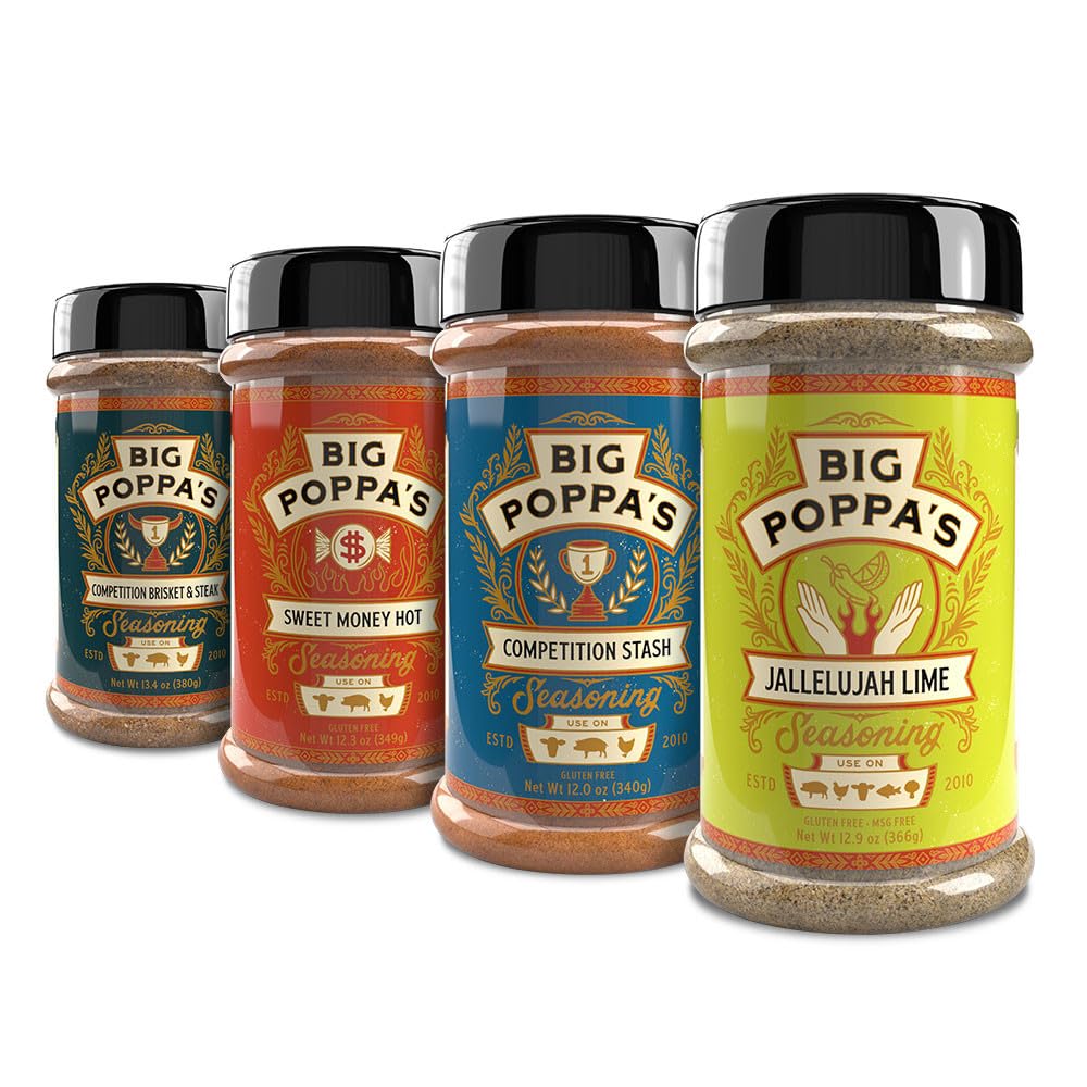 Big Poppa Smokers BBQ Seasoning 4 Pack - Sweet Heat Flavor Bundle, Includes Hot, Brisket & Steak, Stash, and Lime Seasoning
