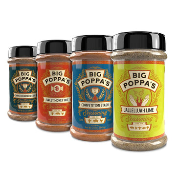 Big Poppa Smokers BBQ Seasoning 4 Pack - Sweet Heat Flavor Bundle, Includes Hot, Brisket & Steak, Stash, and Lime Seasoning