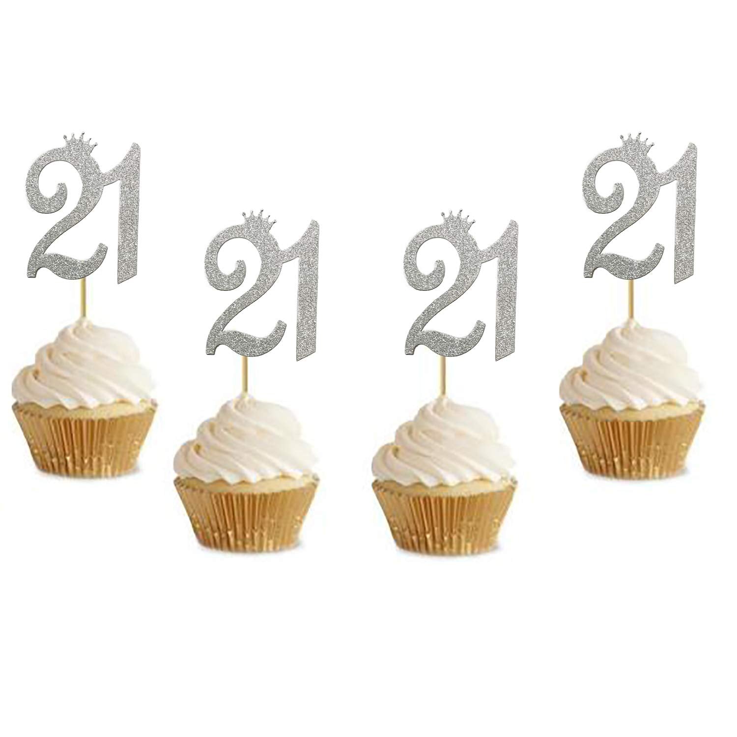 24 Pack Of Number''21'' Cupcake Toppers Glitter Sliver 21St Birthday Party Anniversary Party Cupcake Toppers