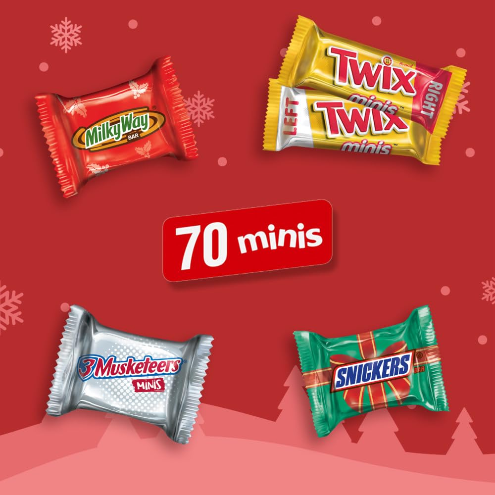 Snickers, Twix, Milky Way & 3 Musketeers Minis Milk Chocolate Individually Wrapped Christmas Candy Bars Stocking Stuffers, 70 Ct