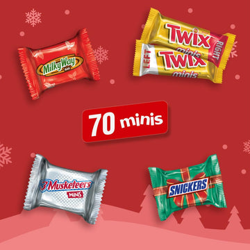 Snickers, Twix, Milky Way & 3 Musketeers Minis Milk Chocolate Individually Wrapped Christmas Candy Bars Stocking Stuffers, 70 Ct