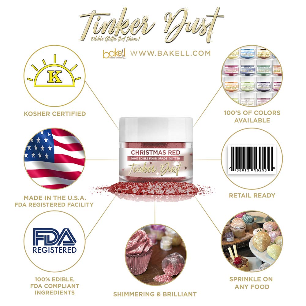 Bakell Edible Glitter Tinker Dust, Christmas Red, 5 Gram, KOSHER Certified, Perfect for Cakes and Cupcakes