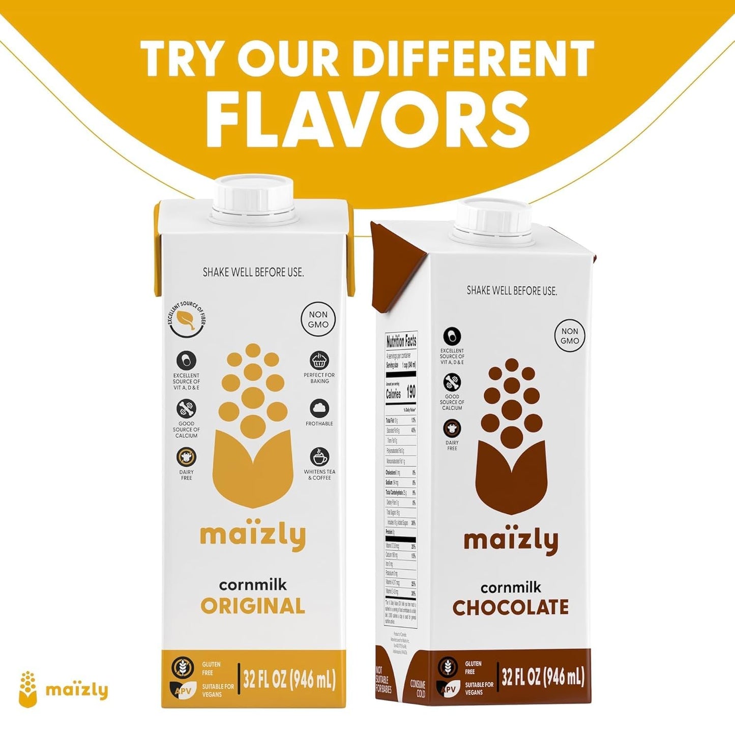 Maizly Original Corn Milk, Plant-Based Drink Made with Non-GMO Ingredients, Less Sugar, Gluten & Dairy-Free Alternative to Whole