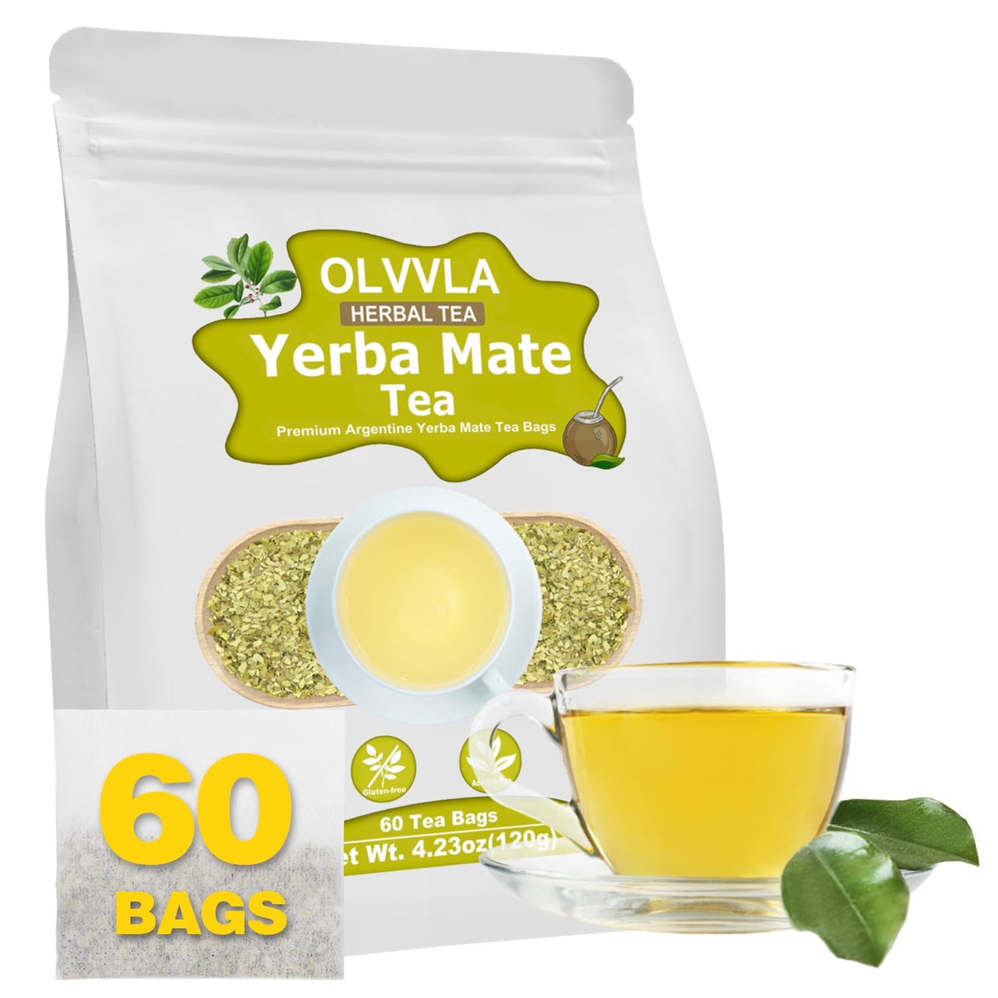 Olvvla Yerba Mate Tea - 100% Natural Unsmoked - 60 Count Tea Bags - Medium-Caffeine Energy Tea