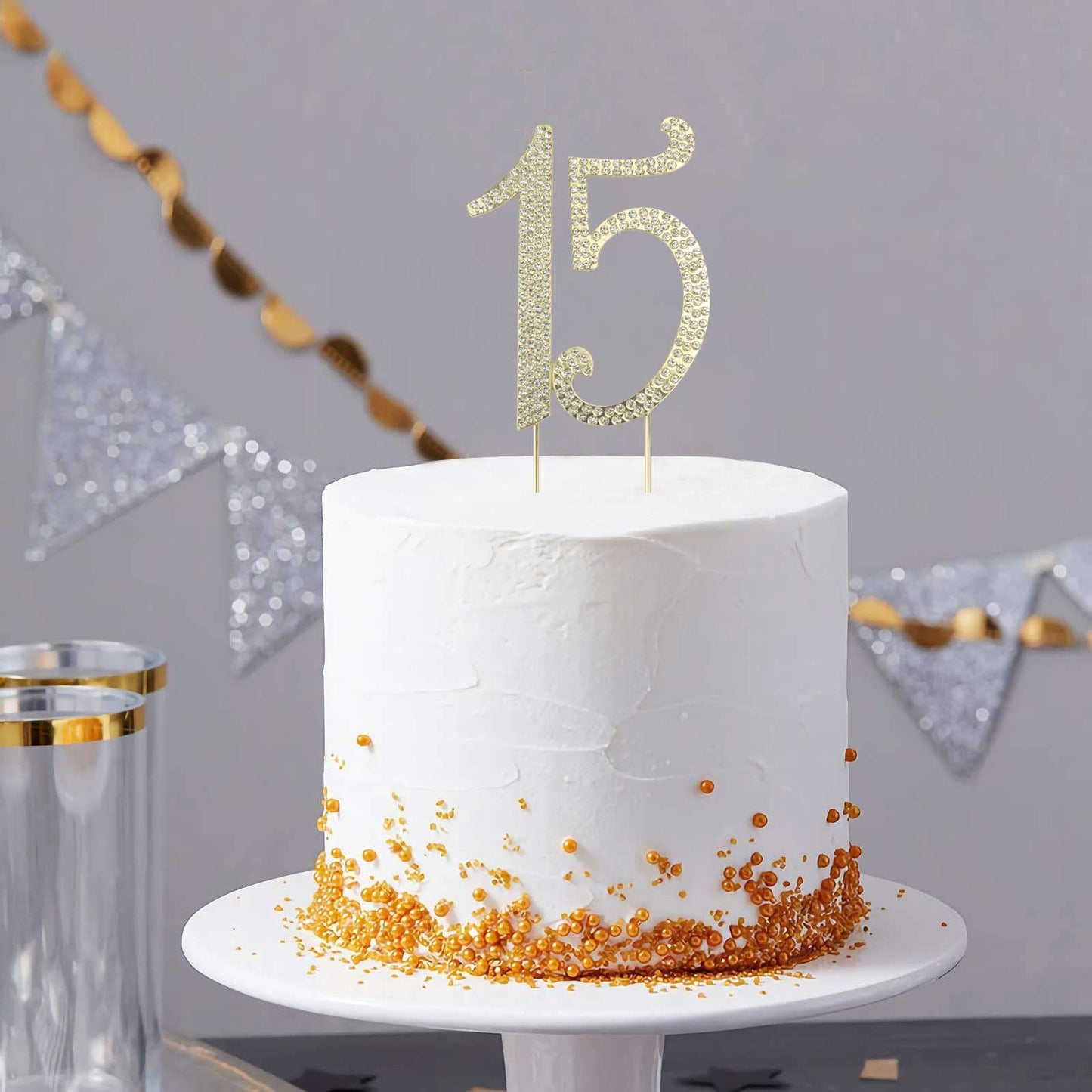 Janou 15 Cake Topper Number 15 Crystal Rhinestones 15Th Cake Decoration For Birthday Anniversary Party Decoratio (Gold)