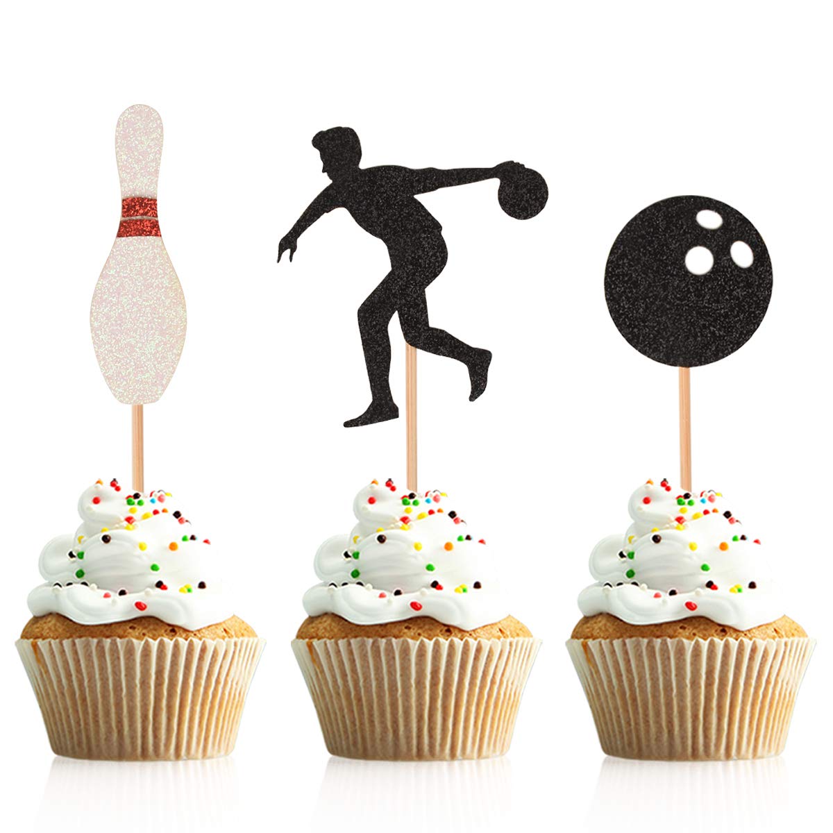 Donoter Glitter Bowling Cupcake Topper Picks - 48 Count - Paper Decorations for Bowling Alley Themed Birthday Party