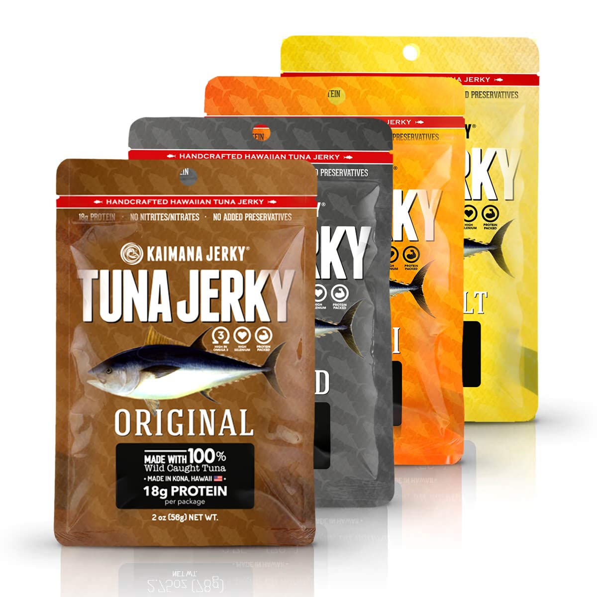 Kaimana Jerky Ahi Tuna Fish Jerky - All Natural, Wild Caught, 4 Pack Variety, 2.75 Ounce