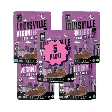 Louisville Vegan Jerky - General Tsos Soy Jerky Snack, Plant-Based, Gluten-Free, 13g Protein, 3oz, 5-Pack