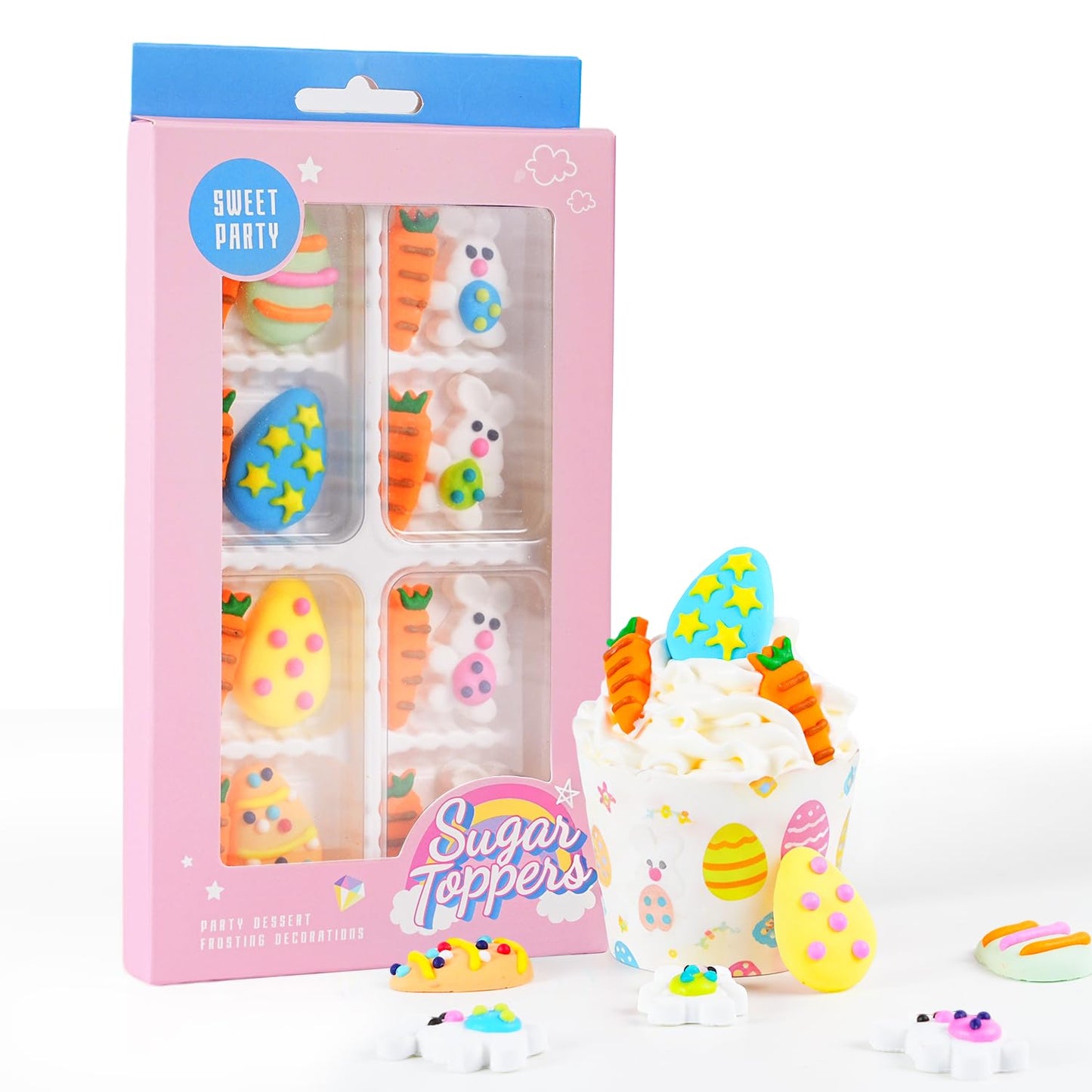 Easter Icing Decoration 16 Counts Edible Rabbit Eggs Carrot Royal Icing Decoration Sugar Sprinkles for Baking Cupcake Topper Cak