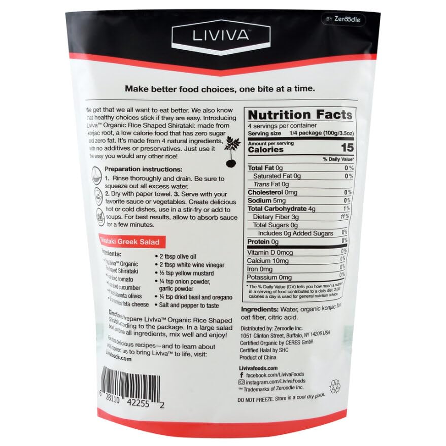 Liviva Organic Rice Shaped Shirataki With Oat Fiber, Low-Calorie Pasta Made From Konjac Root, Non-Gmo, Gluten Free And Keto Cert