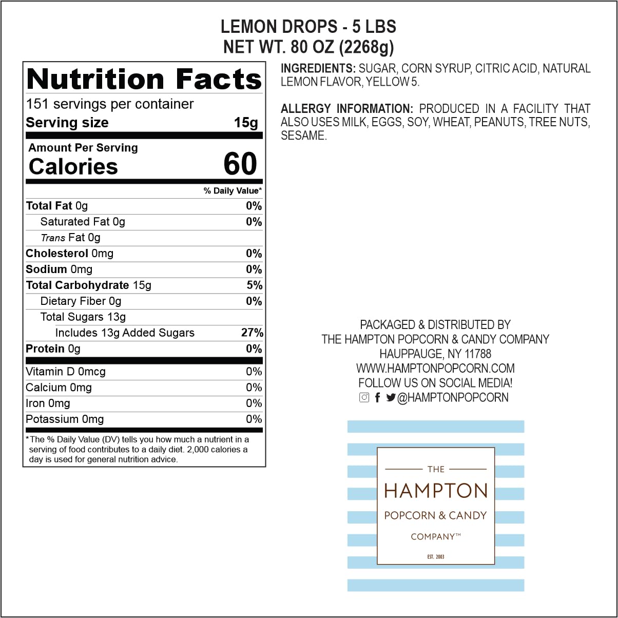 The Hampton Popcorn Company Claeys Sanded Lemon Drops Hard Sour Candy 5 Pound Bulk Bag
