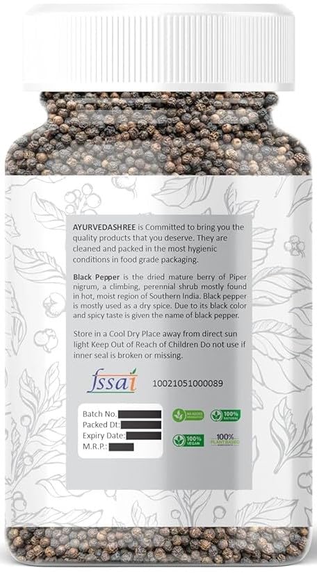 AYURVEDASHREE Black Pepper Whole (Peppercorns) - Premium Quality 100gm PET Jar, All Natural, Non-GMO, Piper nigspirit-inspired flavor, Indian Spice