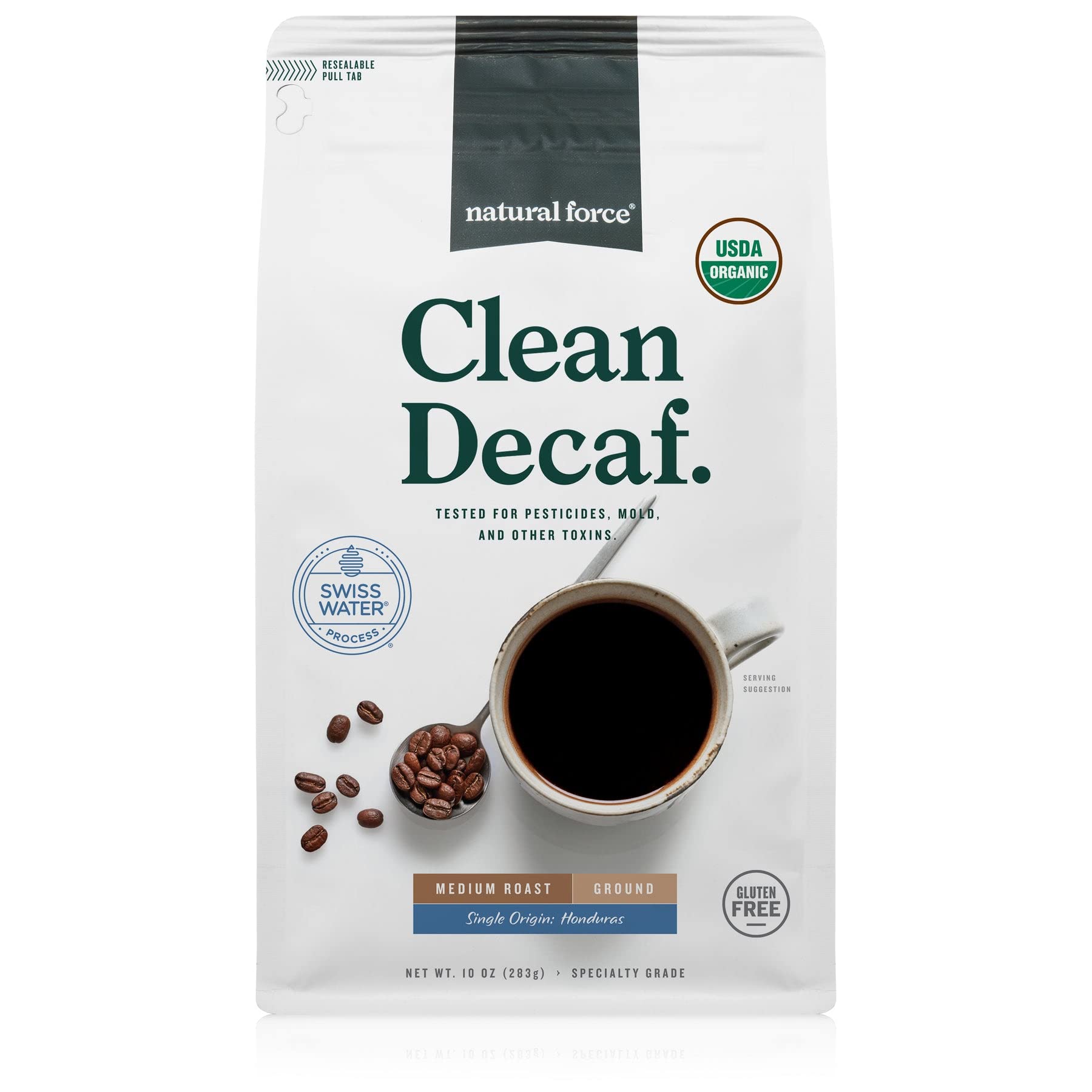 Natural Force - Organic Clean Decaf Coffee  Mold & Mycotoxin Free  Lab Tested for Toxins & Purity  Low Acidity  Incredible Taste & Aroma  Ground Swiss Water Decaf Medium Roast  10 oz