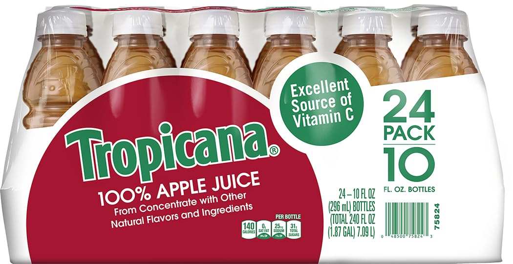 Tropicana 100% Apple Juice, 10 Fl Oz Bottles, Pack of 24 - Real Fruit Juice, No Added Sugars, Vitamin C Rich