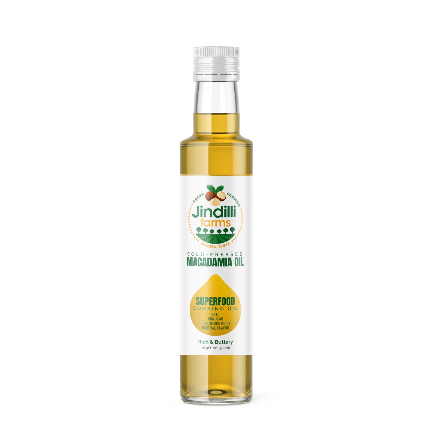 Jindilli Farms Macadamia Nut Cooking Oil- Australian Pure Cold Pressed Oil, Unrefined, Natural, High Smoke Point for Frying, Non