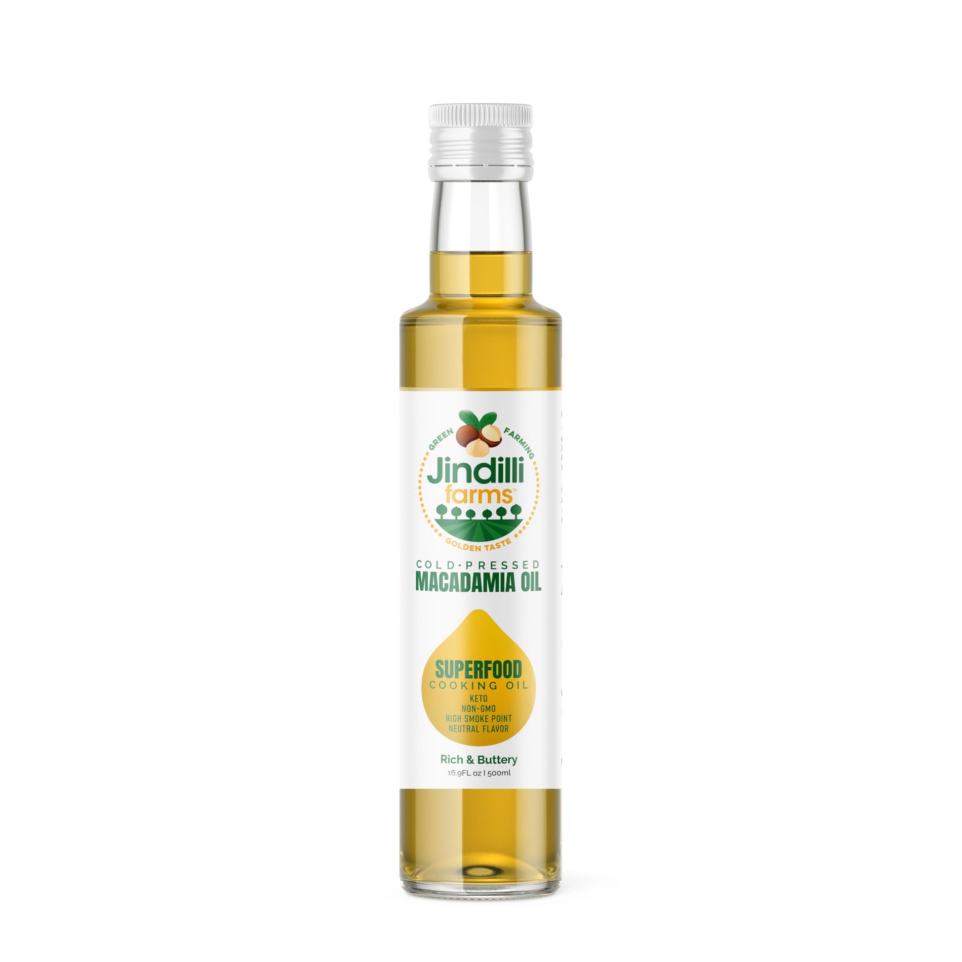 Jindilli Farms Macadamia Nut Cooking Oil- Australian Pure Cold Pressed Oil, Unrefined, Natural, High Smoke Point for Frying, Non