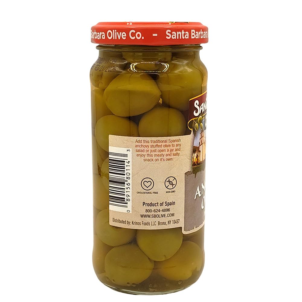 SANTA BARBARA OLIVE CO Pitted Green Olives Anchovy Stuffed Pack of 3, 5oz Each, Perfect for Charcuterie, Salads, Pizza, Pasta