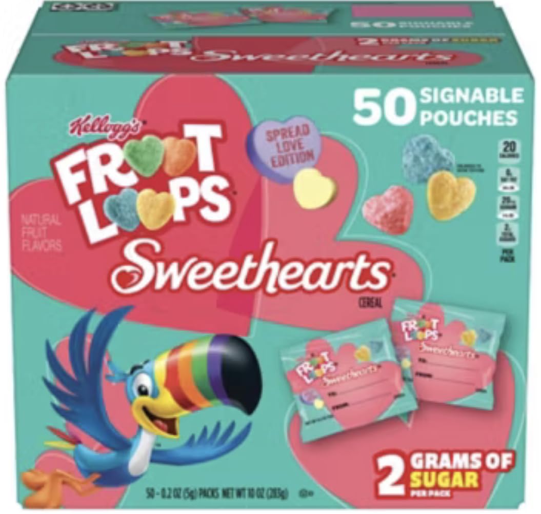 Valentine's Day Gift for Kids- Froote Loopes Sweethearts Cereal Snacks 50 Pouches Individually Wrapped - Perfect for Classroom E