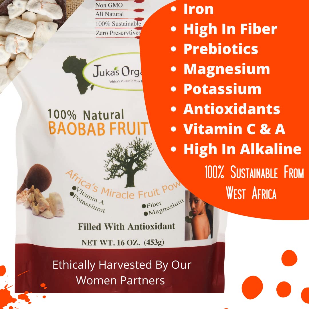 Baobab Powder by Jukas Organic Co. (100% Unprocessed, Authentic, Organic, Naturally Dried, Very Clean & Fresh from West Africa)