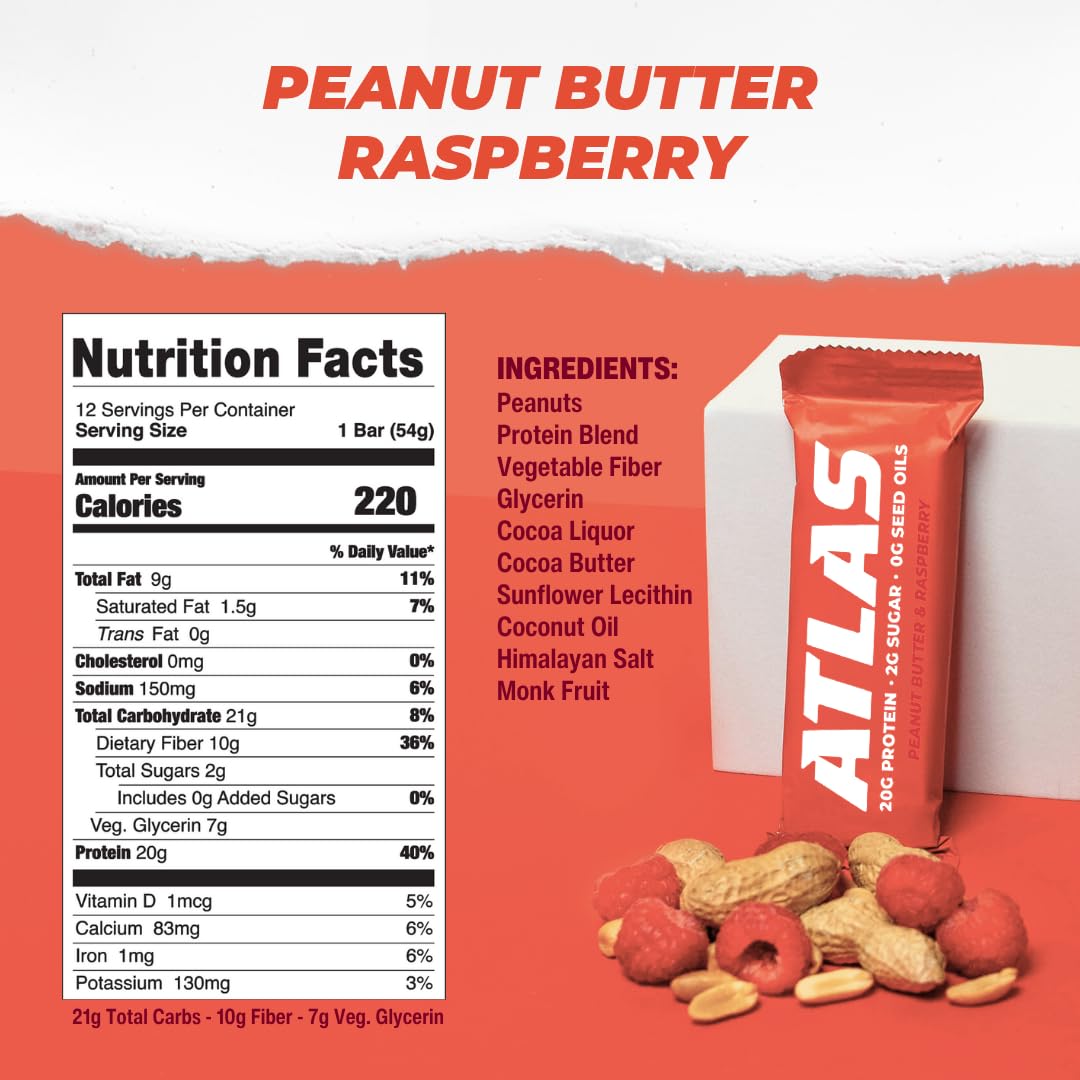 Atlas Bars - 20g Protein, 2g Natural Sugar, 0g Seed Oils (Peanut Butter Raspberry, 24 Count)
