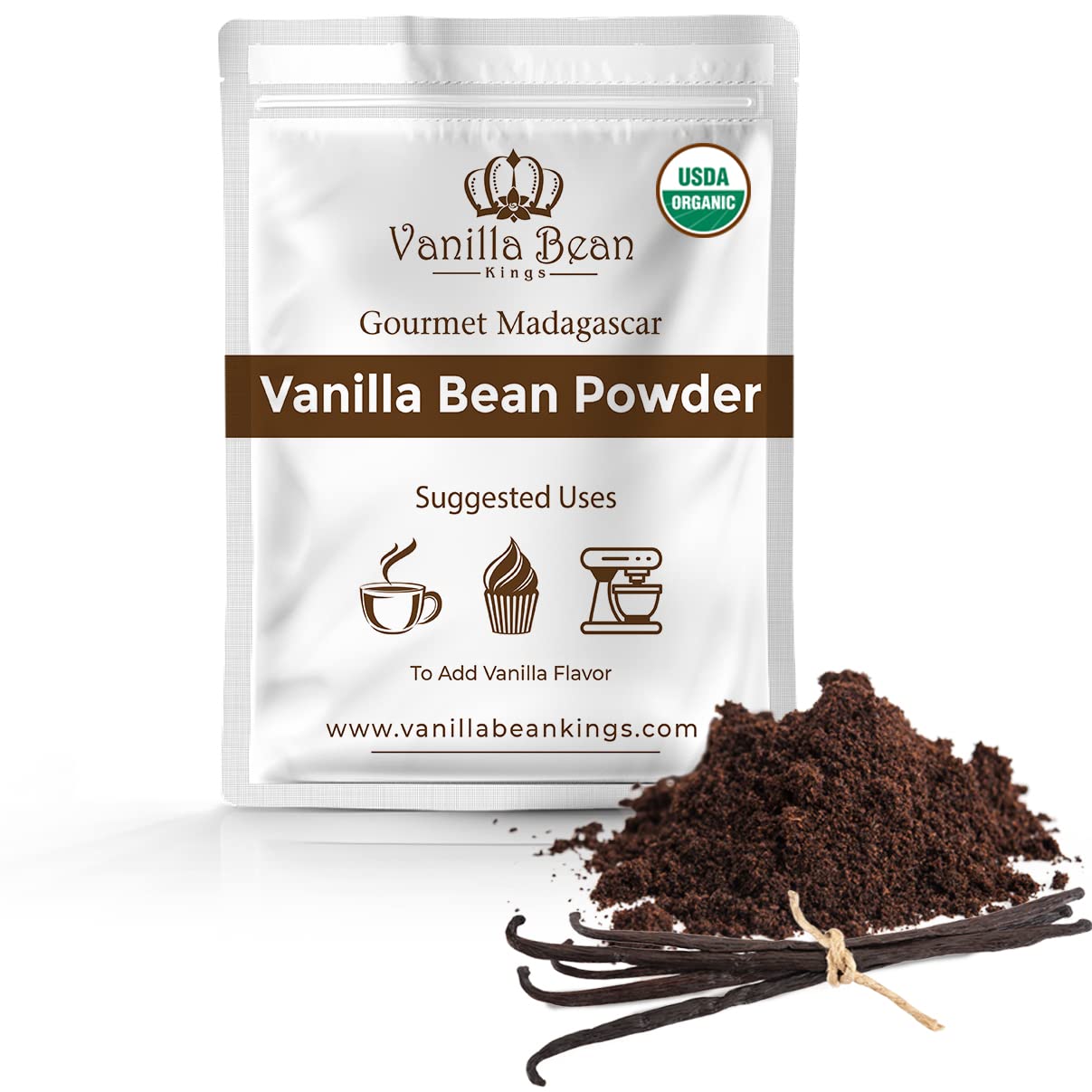 Vanilla Bean Kings Organic Vanilla Bean Powder - 100% Pure Madagascar Vanilla - 2 oz - Brown