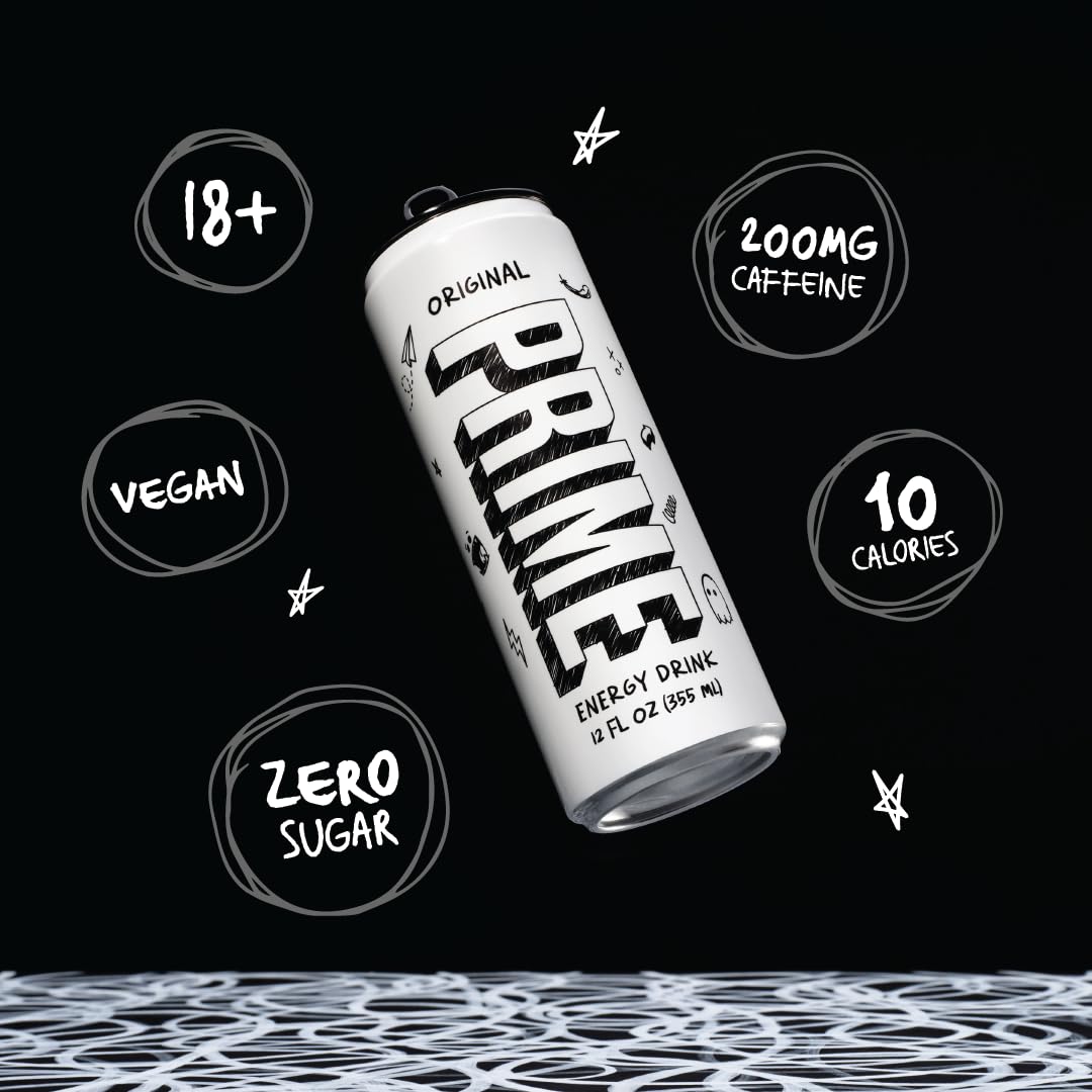 PRIME Energy ORIGINAL Zero Sugar Energy Drink, 200mg Caffeine, 355mg Electrolytes, Vegan, Gluten Free, 12 Fluid Ounce, 12 Pack