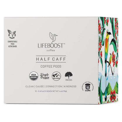 Lifeboost Half Caff Coffee K Cups - Low Acid Half Caff Coffee Pods - Single Origin Non-GMO Mold Free Pods Compatible with Keurig