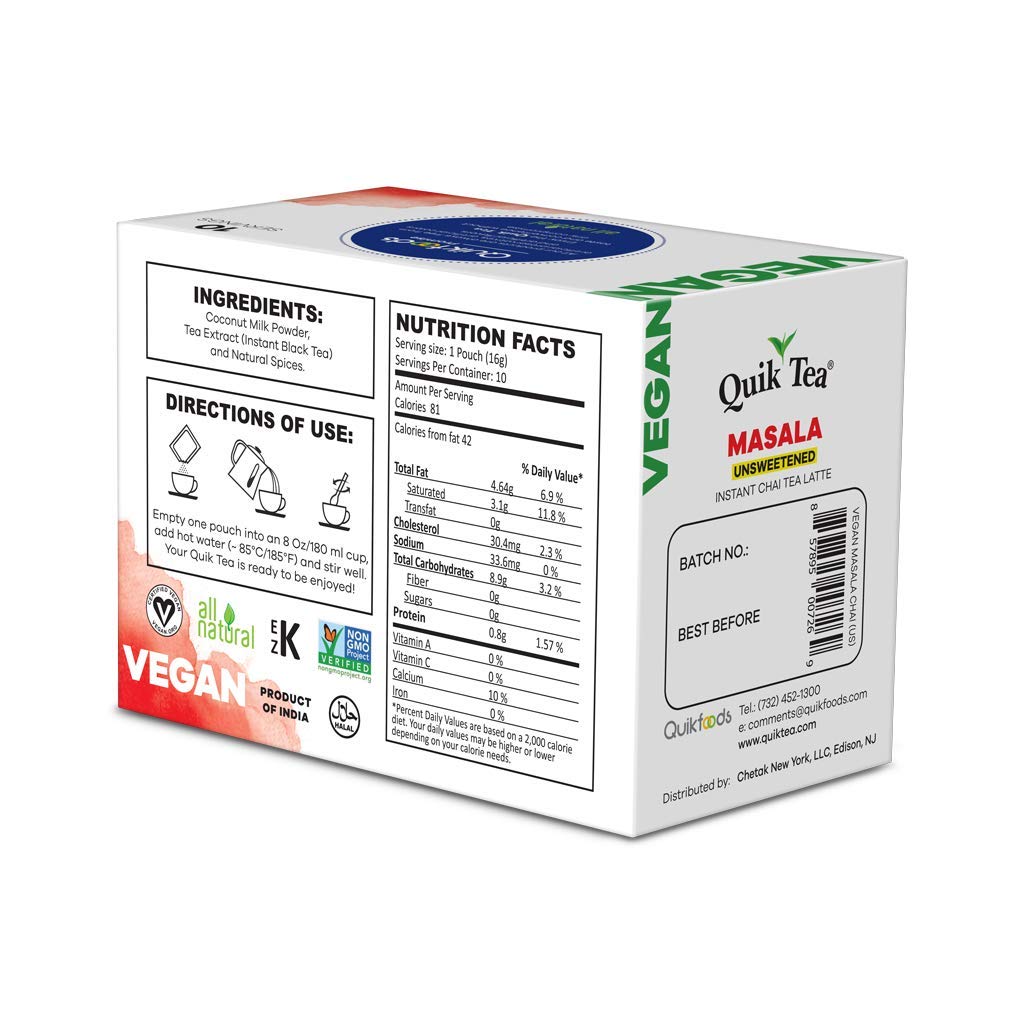 Quiktea Vegan Unsweetened Masala Instant Chai Tea Latte - 10 Count Single Box - Convenient, Easy Ayurvedic Dairy Free Alternativ