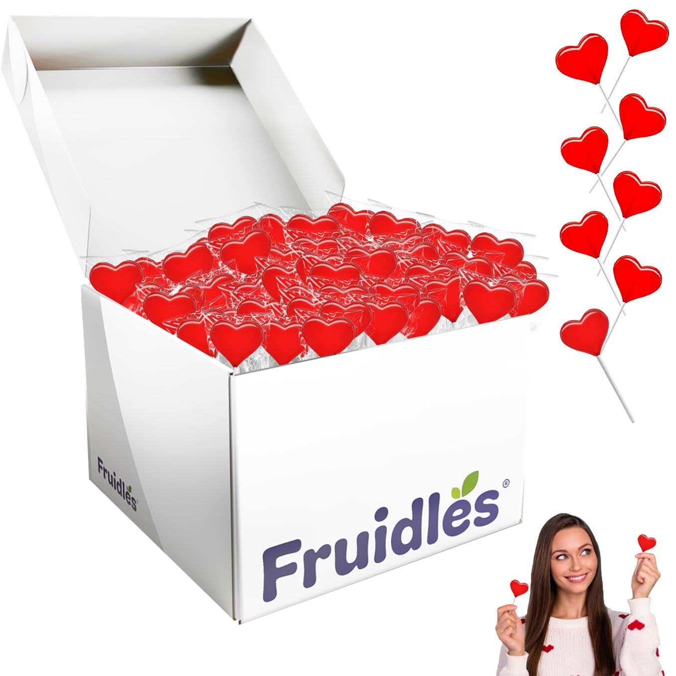 Fruidles Valentines Day Lollipops Mini Red Heart Shaped Strawberry Flavored Lollipop, Individually Wrapped, 5g Lollipops (1600 L