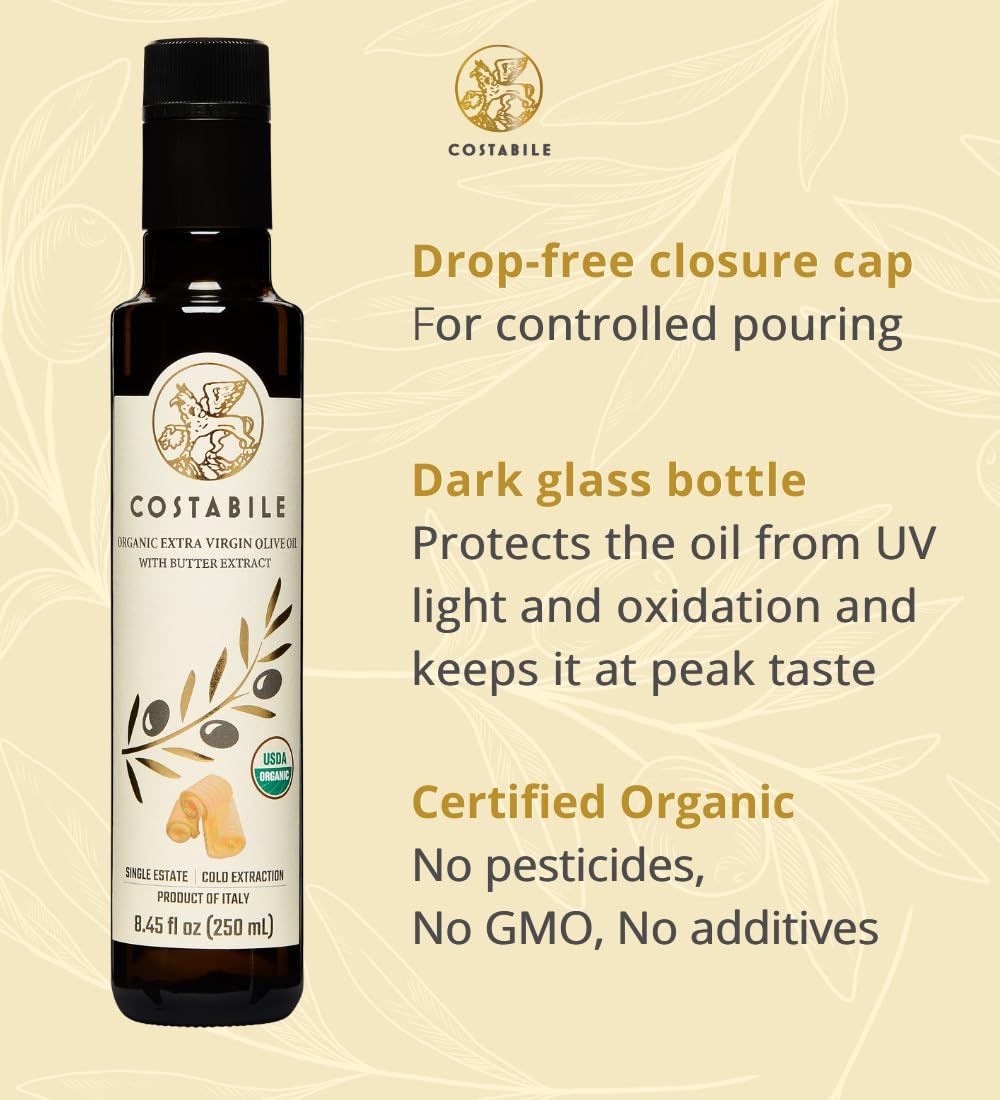 Costabile Organic Extra Virgin Butter Olive Oil, 8.45 Fl Oz - Ideal for Baking, Cooking, and Popcorn Seasoning