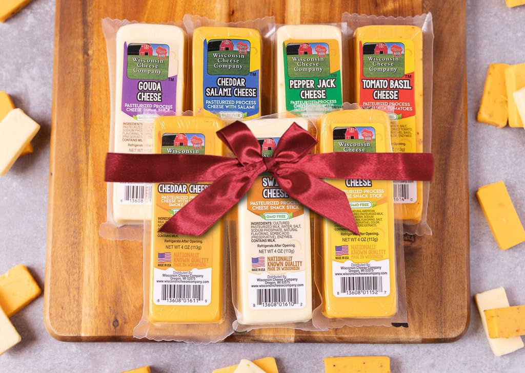 Wisconsin Cheese Company – 100% Wisconsin Specialty Cheese Block Sampler Holiday Gift Pack (7 Blocks) – Cheddar, Pepper Jack, Swiss, Gouda, Salami, Smoked Cheddar & Tomato Basil | Perfect For Parties, Charcuterie Boards, And Holiday Gifts
