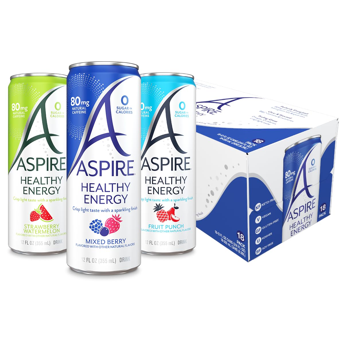 Aspire Healthy Energy Drink Variety Pack - Zero Sugar, Low Caffeine, Keto Friendly - 18 Pack