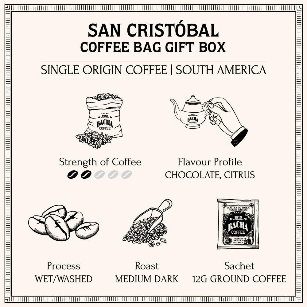 Bacha Coffee | San Crist  Bal Ecuador Single Origin, 100% Arabica Beans, Medium Dark Roast, X12 Individually Wrapped Single Serv