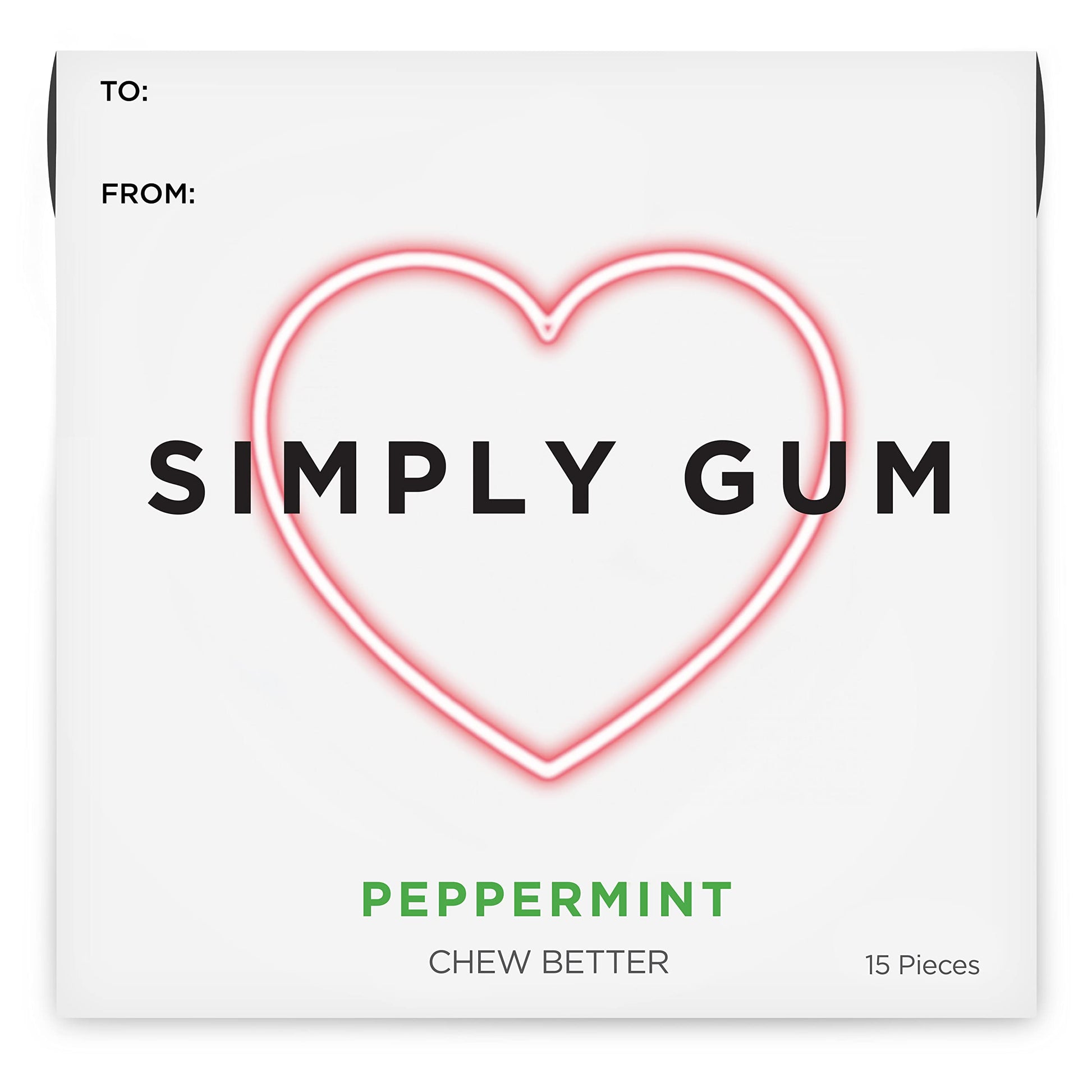 Simply Gum | Heart Box | Peppermint Gum | Plant- Based Chewing Gum | Pack of Six (90 Pieces Total) | Synthetic Free + Aspartame 