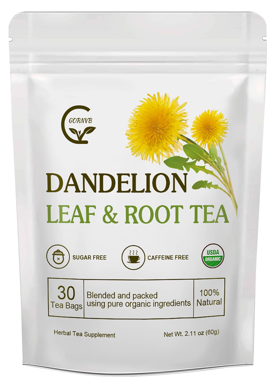 GORNVB Organic Dandelion Leaf & Root Tea - Caffeine Free, 30 Tea Bags, Supports Kidney Function and Healthy Digestion