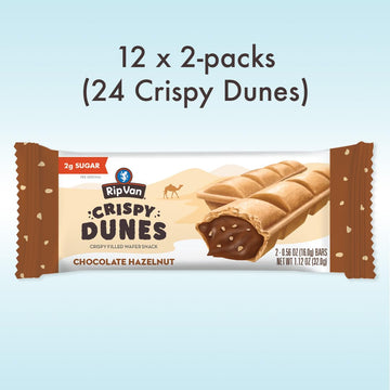 Rip Van Wafels Crispy Dunes Vegan Chocolate Hazelnut Wafer Sticks - Low-Calorie Keto Snack, 90 Calories, Brown, 12 Pack